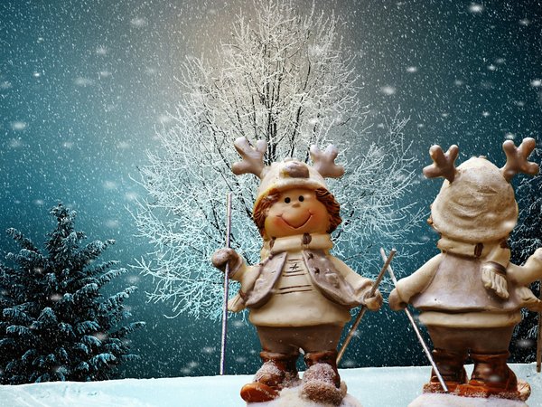 деревья, зима, лыжник, новый год, рождество, снег, фигурки