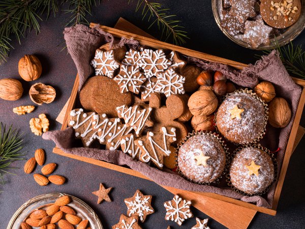 кексы, коробка, новый год, орехи, печенье, рождество