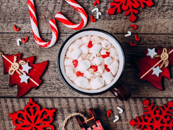 christmas, cup, decoration, hot chocolate, marshmallow, merry, new year, wood, Xmas, зефирки, какао, кружка, новый год, рождество, украшения