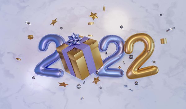 Обои на рабочий стол: 2022, бантик, дата, звездочки, золотые, коробка, надувные, новый 2022 год, новый год, подарок, праздник, сиреневые, сиреневый фон, сюрприз, цифры
