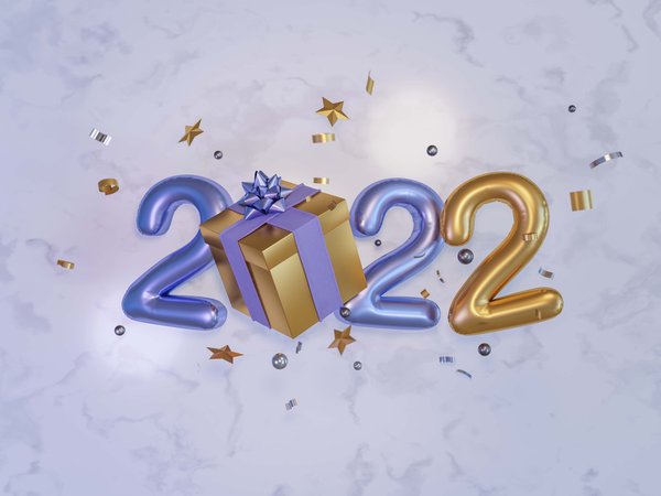 2022, бантик, дата, звездочки, золотые, коробка, надувные, новый 2022 год, новый год, подарок, праздник, сиреневые, сиреневый фон, сюрприз, цифры