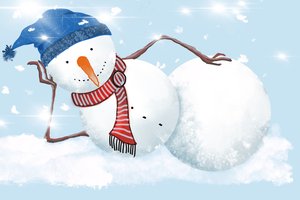 Обои на рабочий стол: голубой фон, графика, зима, колпак, лежит, морковка, новый год, праздник, рождество, снег, снеговик, снегопад, улыбка, шарф