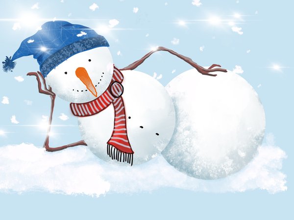 голубой фон, графика, зима, колпак, лежит, морковка, новый год, праздник, рождество, снег, снеговик, снегопад, улыбка, шарф