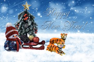 Обои на рабочий стол: год тигра, елочка, игрушки, новый год, пара, праздник, рождество, сани, символ года, снеговик, тигры, упряжка, фигурки, шарики