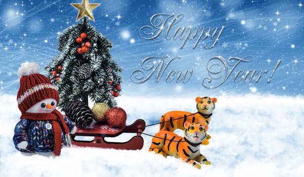 Обои на рабочий стол: год тигра, елочка, игрушки, новый год, пара, праздник, рождество, сани, символ года, снеговик, тигры, упряжка, фигурки, шарики