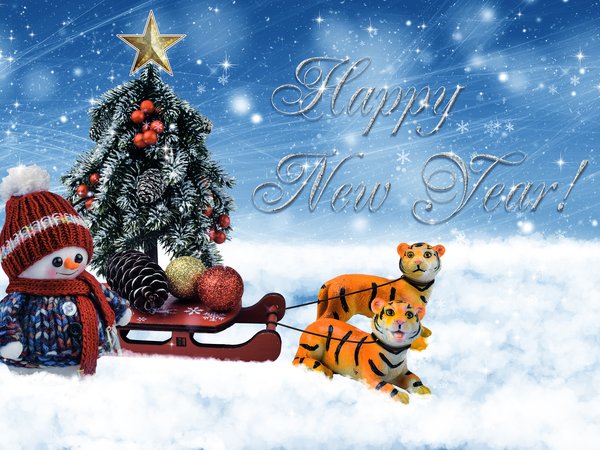 год тигра, елочка, игрушки, новый год, пара, праздник, рождество, сани, символ года, снеговик, тигры, упряжка, фигурки, шарики