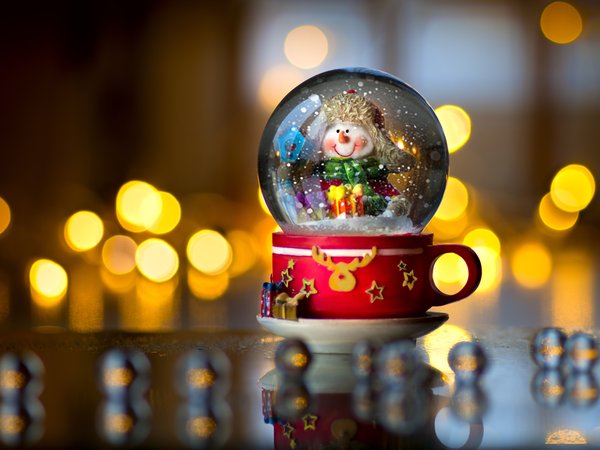 блики, кружка, новый год, рождество, снеговик, стеклянный шар
