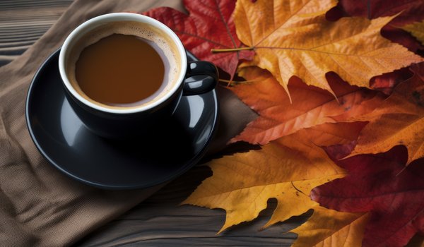 Обои на рабочий стол: autumn, coffee, cozy, cup, leaves, wood, листья, осень, чашка кофе