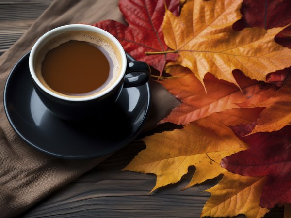 autumn, coffee, cozy, cup, leaves, wood, листья, осень, чашка кофе