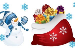 Обои на рабочий стол: арт, детская, мешок, настроение, новый год, подарки, праздник, радость, снеговик, снежинка