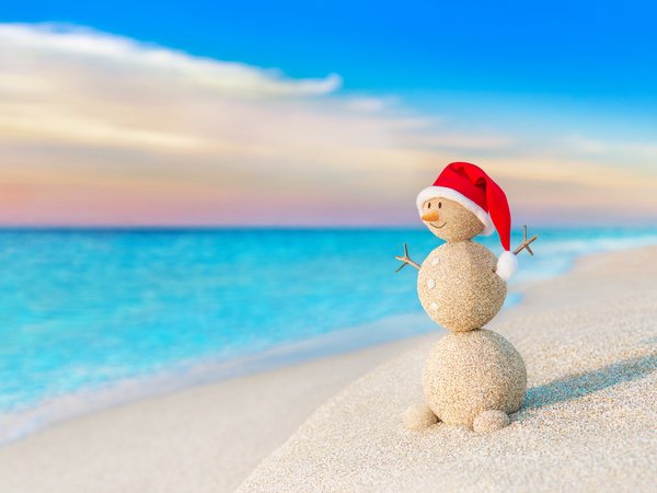 beach, christmas, decoration, happy, merry christmas, sand, sea, snow, snowman, Xmas, море, новый год, песок, пляж, рождество, снеговик