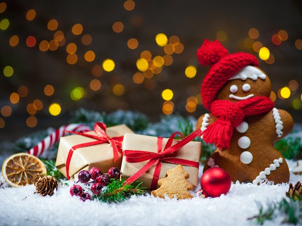 bokeh, cookies, decoration, gifts, gingerbread, merry christmas, snow, winter, новый год, рождество