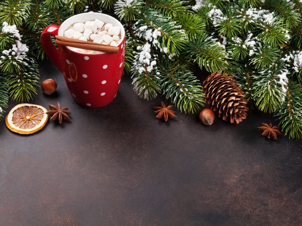 chocolate, christmas, cocoa, cup, decoration, holiday celebration, marshmallow, merry christmas, Xmas, елка, зефирки, какао, новый год, рождество, украшения, чашка