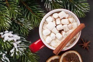 Обои на рабочий стол: chocolate, christmas, cocoa, cup, decoration, holiday celebration, marshmallow, merry christmas, Xmas, елка, зефирки, какао, новый год, рождество, украшения, чашка