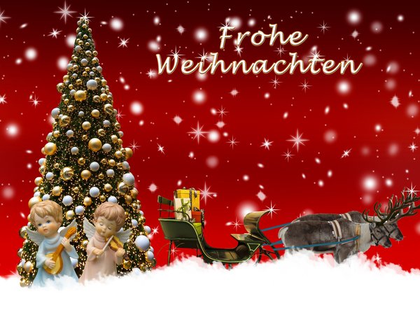 ангелы, игрушки, красный фон, новый год, олени, подарки, Рождественская елка, Рождественские подарки для детей, рождество, сани