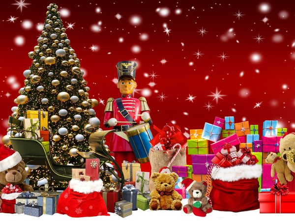 красный фон, мишки, новый год, подарки, Рождественская елка, Рождественские подарки для детей, рождество