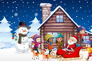 Обои на рабочий стол: дети, дом, елки, новый год, олени, рождество, сани, санта клаус, снег, снеговик