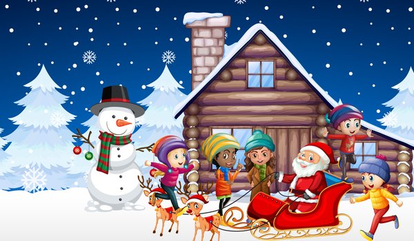 Обои на рабочий стол: дети, дом, елки, новый год, олени, рождество, сани, санта клаус, снег, снеговик