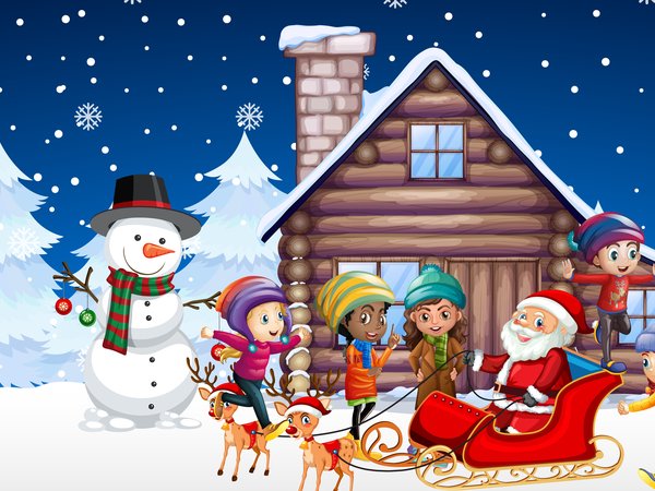 дети, дом, елки, новый год, олени, рождество, сани, санта клаус, снег, снеговик