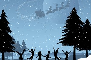 Обои на рабочий стол: Векторная графика, дети, елки, зима, мешок, новый год, ночь, олени, радость, Развозит подарки, рождество, сани, санта клаус, снег