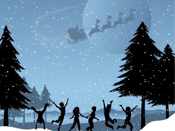 Векторная графика, дети, елки, зима, мешок, новый год, ночь, олени, радость, Развозит подарки, рождество, сани, санта клаус, снег
