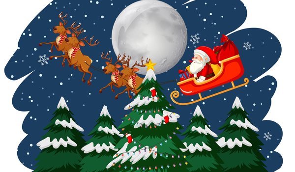 Обои на рабочий стол: елки, зима, луна, новый год, ночь, олени, Развозит подарки, рождество, сани, санта клаус, снег