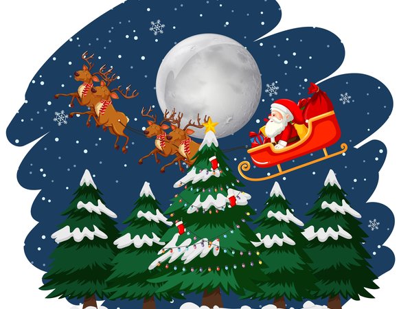 елки, зима, луна, новый год, ночь, олени, Развозит подарки, рождество, сани, санта клаус, снег