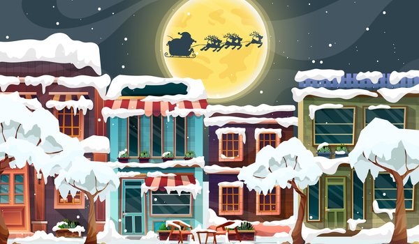 Обои на рабочий стол: город, деревья, дома, зима, луна, новый год, ночь, облака, олени, Развозит подарки, рождество, сани, санта клаус, снег