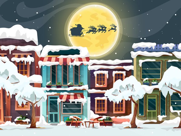 город, деревья, дома, зима, луна, новый год, ночь, облака, олени, Развозит подарки, рождество, сани, санта клаус, снег