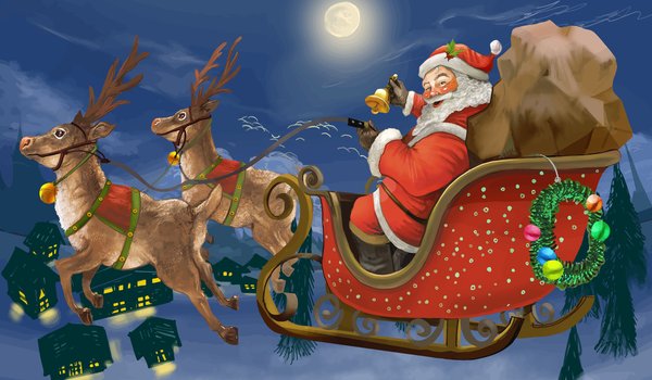 Обои на рабочий стол: merry christmas, зима, колокольчик, луна, новый год, ночь, олени, Развозит подарки, рождество, сани, санта клаус