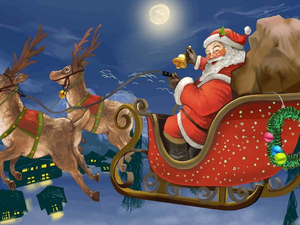 merry christmas, зима, колокольчик, луна, новый год, ночь, олени, Развозит подарки, рождество, сани, санта клаус
