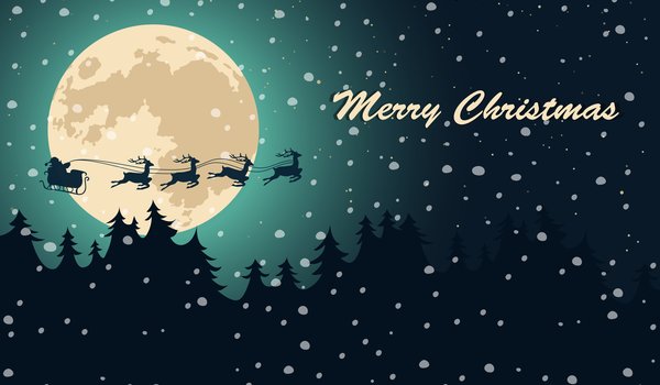 Обои на рабочий стол: merry christmas, елки, зима, луна, новый год, ночь, олени, Развозит подарки, рождество, сани, санта клаус