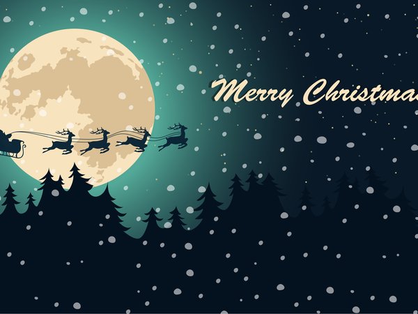 merry christmas, елки, зима, луна, новый год, ночь, олени, Развозит подарки, рождество, сани, санта клаус