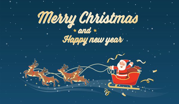 Обои на рабочий стол: merry christmas, Merry christmas and Happy new year, новый год, олени, Развозит подарки, рождество, сани, санта клаус