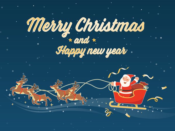 merry christmas, Merry christmas and Happy new year, новый год, олени, Развозит подарки, рождество, сани, санта клаус