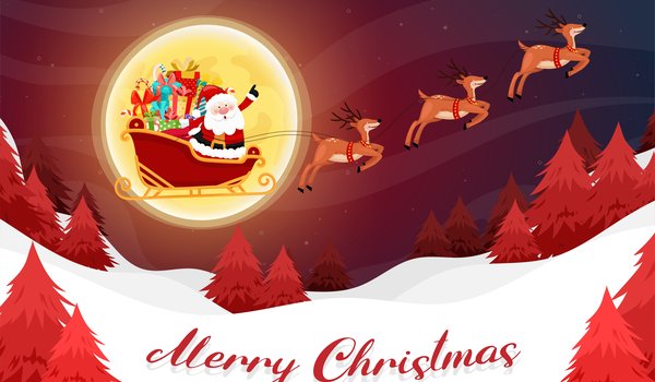 Обои на рабочий стол: merry christmas, елки, зима, луна, новый год, ночь, олени, Развозит подарки, рождество, сани, санта клаус, снег