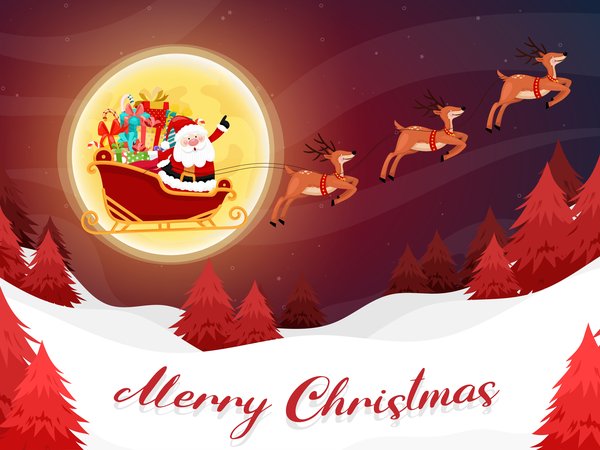 merry christmas, елки, зима, луна, новый год, ночь, олени, Развозит подарки, рождество, сани, санта клаус, снег