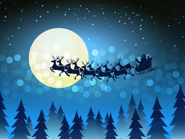 зима, луна, новый год, ночь, олени, Развозит подарки, рождество, сани, санта клаус