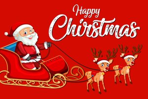 Обои на рабочий стол: Happy Christmas, красный фон, новый год, олени, рождество, сани, санта клаус, улыбка