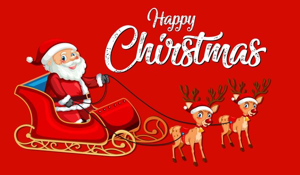 Обои на рабочий стол: Happy Christmas, красный фон, новый год, олени, рождество, сани, санта клаус, улыбка