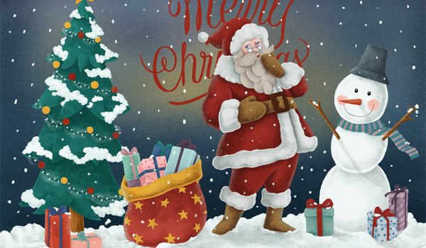 Обои на рабочий стол: merry christmas, зима, мешок, новый год, подарки, Рождественская елка, рождество, санта клаус, снеговик, Счастливого Рождества