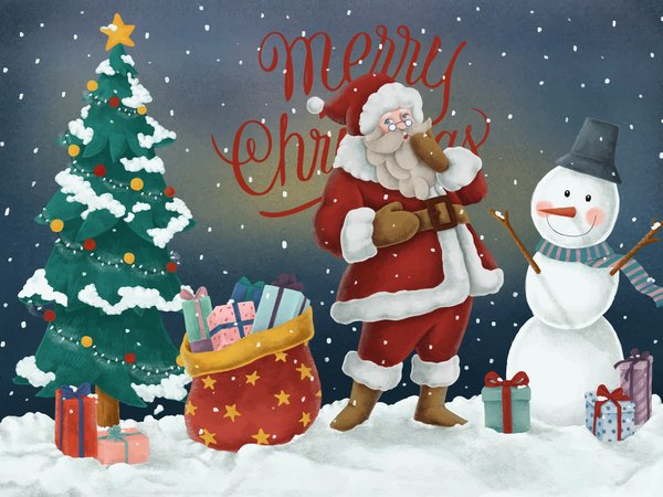 merry christmas, зима, мешок, новый год, подарки, Рождественская елка, рождество, санта клаус, снеговик, Счастливого Рождества
