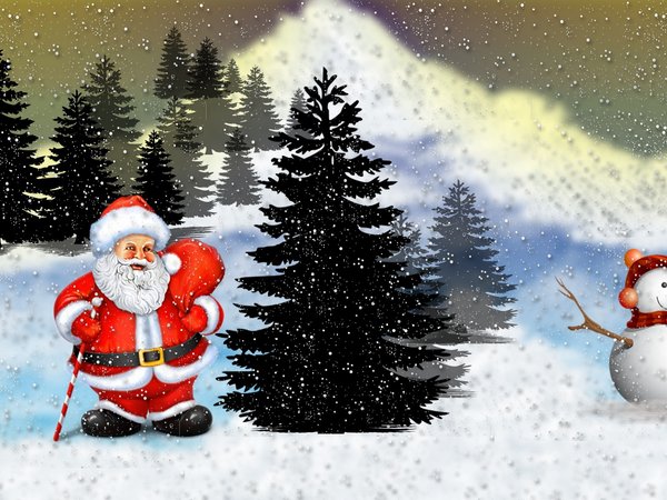 елки, зима, новый год, рождество, санта клаус, снег, снеговик