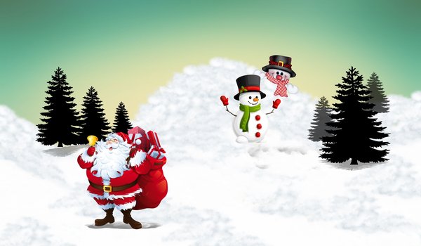 Обои на рабочий стол: елки, зима, новый год, подарки, рождество, санта клаус, снег, снеговики
