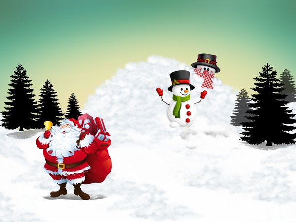 елки, зима, новый год, подарки, рождество, санта клаус, снег, снеговики