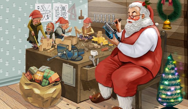 Обои на рабочий стол: борода, гномы, мастерская, мешок, новый год, Отвертка, очки, подарки, праздник, Рождественская елка, Рождественские подарки для детей, рождество, Санта-Клаус