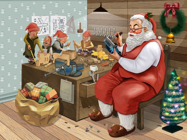 борода, гномы, мастерская, мешок, новый год, Отвертка, очки, подарки, праздник, Рождественская елка, Рождественские подарки для детей, рождество, Санта-Клаус