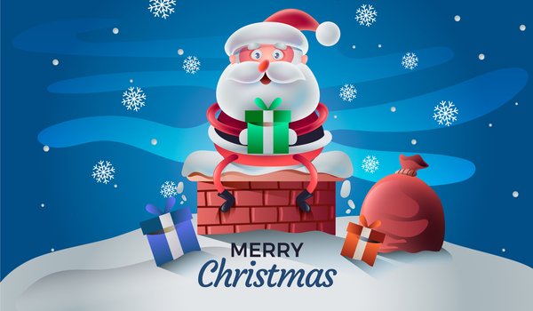 Обои на рабочий стол: merry christmas, крыша, мешок, новый год, ночь, праздник, Рождественская елка, Рождественские подарки для детей, рождество, Санта-Клаус, снег, Счастливого Рождества, труба