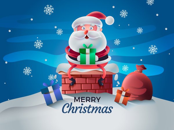merry christmas, крыша, мешок, новый год, ночь, праздник, Рождественская елка, Рождественские подарки для детей, рождество, Санта-Клаус, снег, Счастливого Рождества, труба