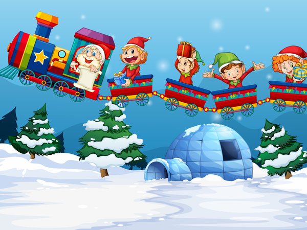 вагоны, елки, зима, новый год, подарки, поезд, рождество, Санта-Клаус, снег, Счастливого Рождества, улыбка, эльфы